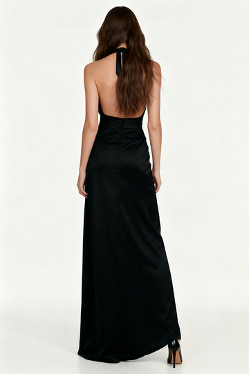 Black Velvet Halter Sheath Ruched Evening Dress
